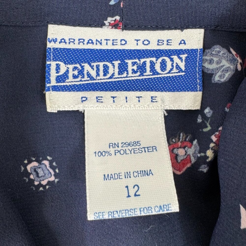 Pendleton Double Breasted Blouse Size LP 12 Petite Floral Shoulder Pads Navy - Picture 4 of 10